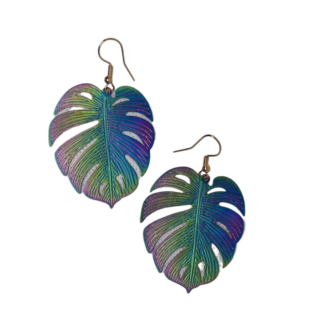 Iridescent rainbow monstera leaf earings
