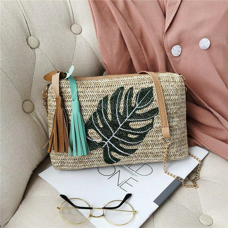Leaf Printed single strap straw hand bag - Leaf and Leisure