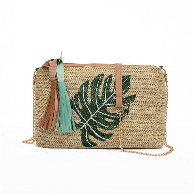 Leaf Printed single strap straw hand bag - Leaf and Leisure
