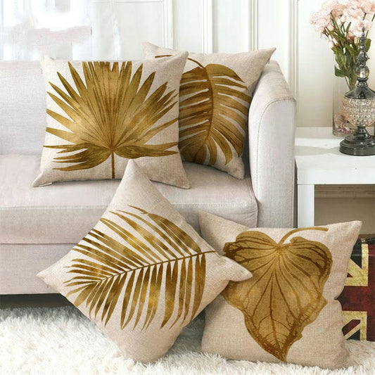 Golden leaf faux linen cushion cover