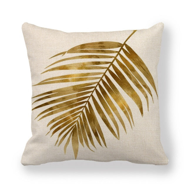 Golden leaf faux linen cushion cover