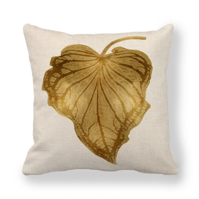 Golden leaf faux linen cushion cover