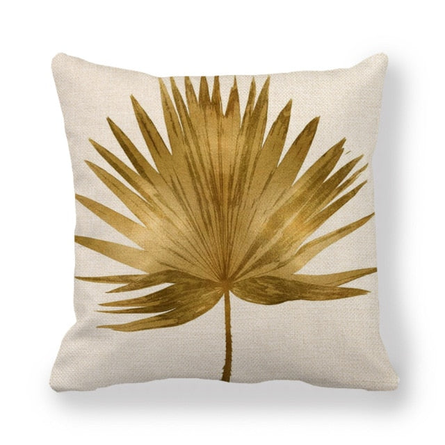 Golden leaf faux linen cushion cover