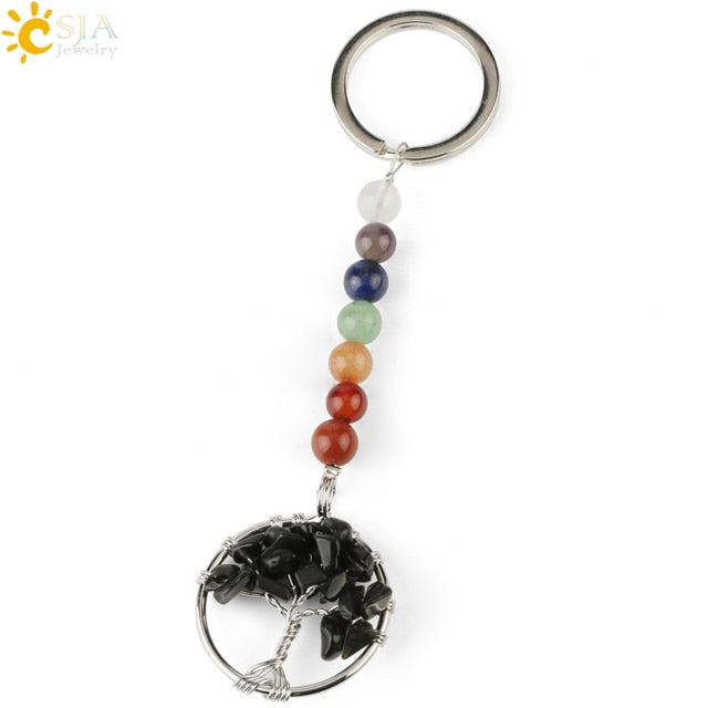 Silver chakra tree of life keyring