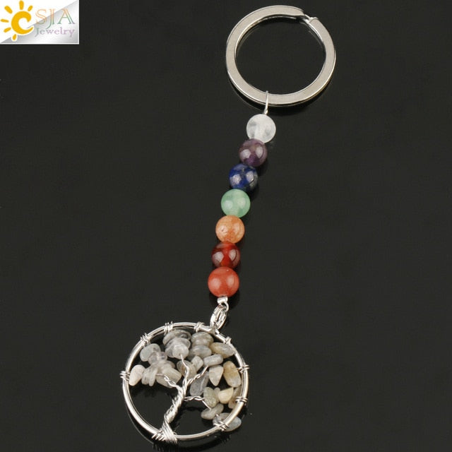 Silver chakra tree of life keyring