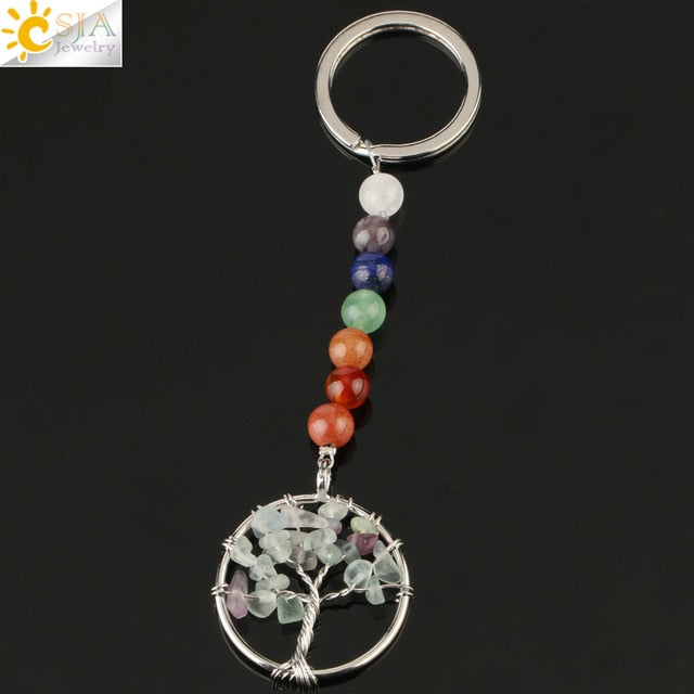 Silver chakra tree of life keyring