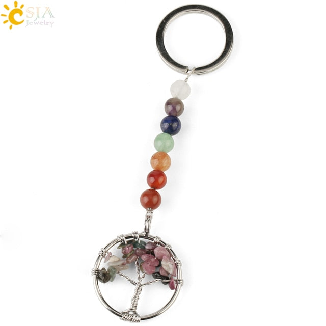 Silver chakra tree of life keyring
