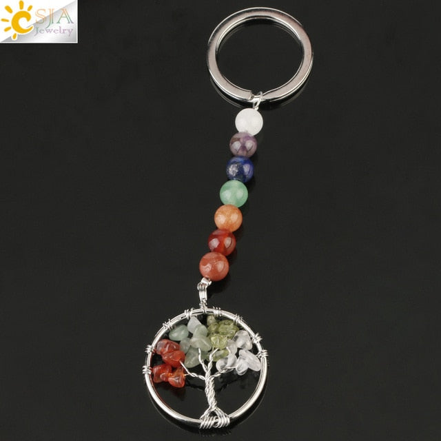 Silver chakra tree of life keyring