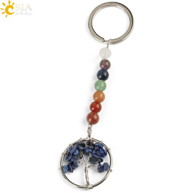 Silver chakra tree of life keyring