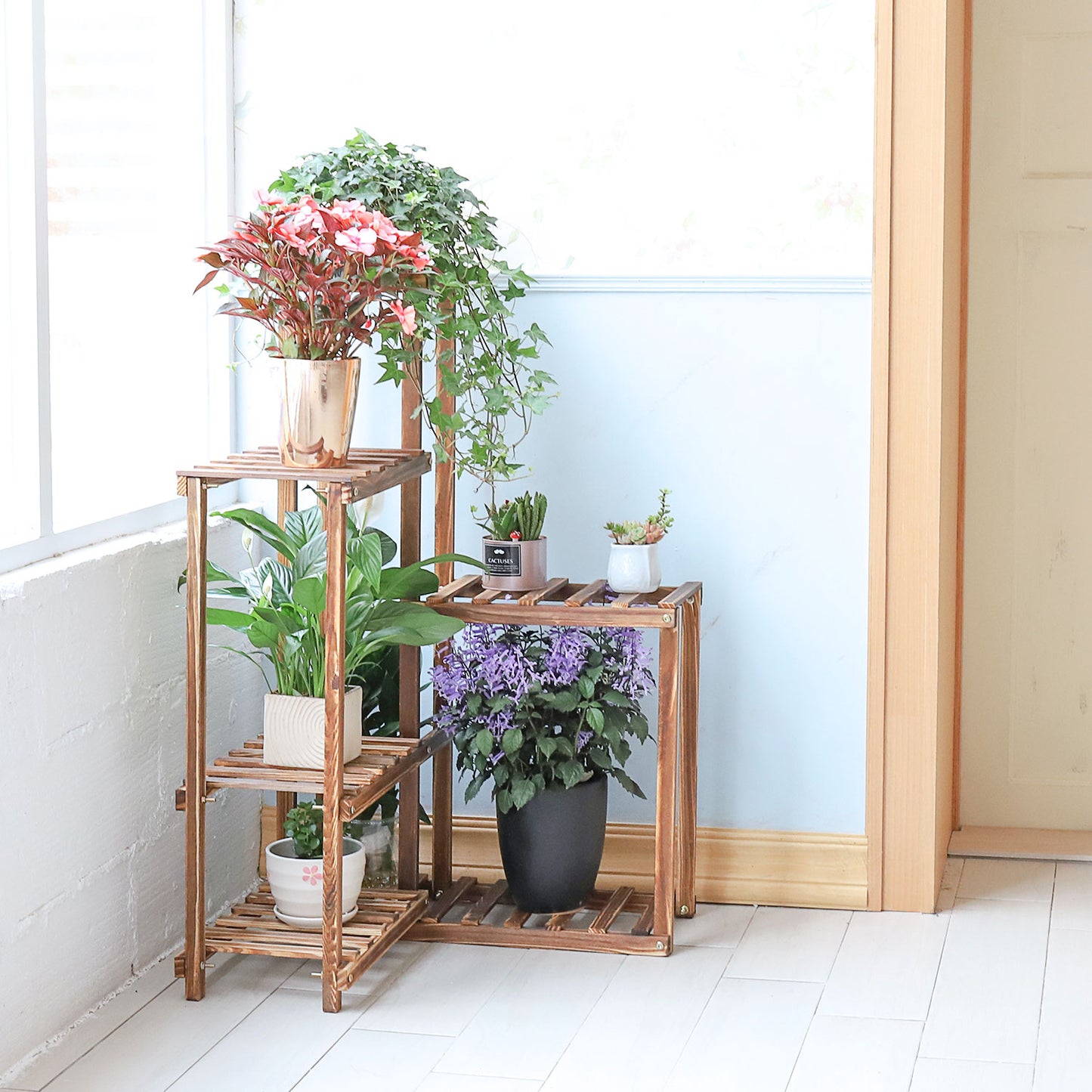 Corner wood plant stand