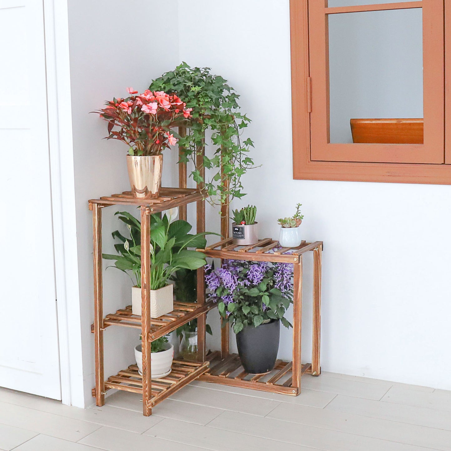 Corner wood plant stand